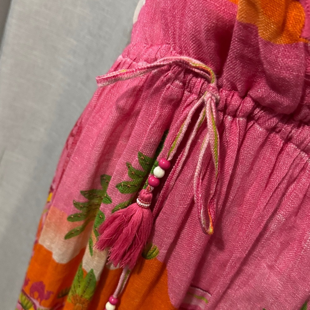 Pin-Up Stars Linen Maxi Dress-Sz S-Flutter Sleeve-Pink/Orange/Green-Sexy V Neck - Picture 5 of 17